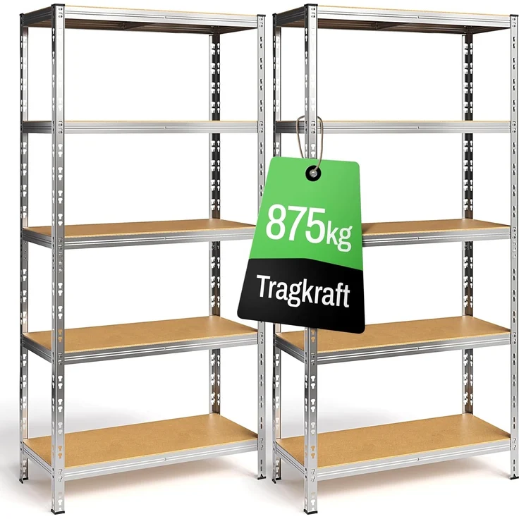 Ondis24 2er Set Metallregal Thomas, Lagerregal 90 x 40 x 180 (H) cm, Kellerregal bis 875kg belastbar, Silber, mit 5 Fachböden, je 175 kg belastbar, höhenverstellbar, Schwerlastregal (Easy-Mount) – Bild 1