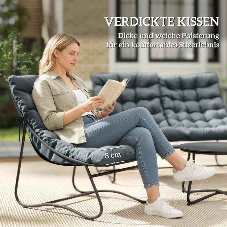 4-Sitzer Gartenmöbel-Set, 2 Stühle, 1 Doppel-Sofa, 1 Tisch, dicke Kissen, Stahlrahmen, für Terrasse, Grau--Grau--122x87x85cm--YOUDENOVA – Bild 6