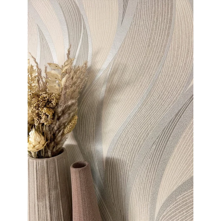 Newroom Vliestapete, Beige Tapete Streifen Wellen - Wellenmuster Metallic Grau Modern 3D Optik Linien Struktur für Wohnzimmer Schlafzimmer Küche – Bild 3