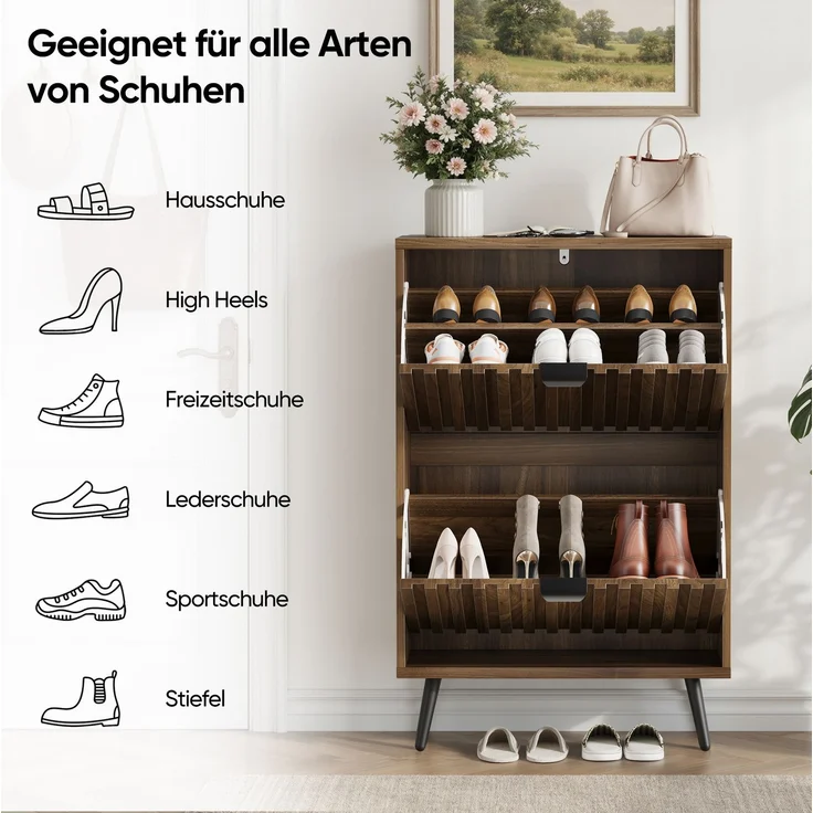 DESVIAE Garderobenschrank Schuhschrank Walnuss aus MDF/Spanplatte – 54x91x14,5 cm – 2 Klappfächer – Bild 6