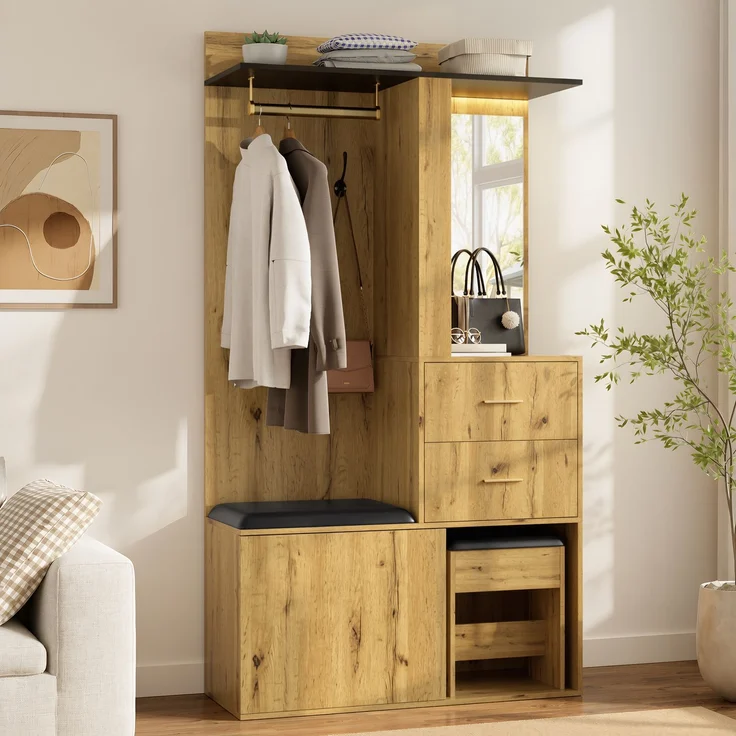 Garderobenschrank 100x40x172,5 cm mit Sitzbank, Schuhfach, Spiegel und App-LED – Bild 3