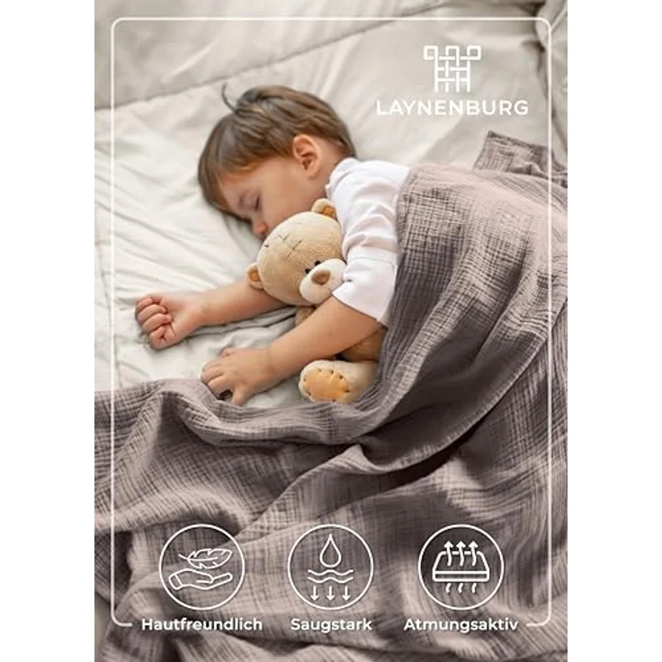 Babydecke Premium Musselin Babydecke 4-lagige Decke aus 100% Baumwolle, Laynenburg, Musselin Babydecke, Kuscheldecke oder Schlafdecke, Pucktuch, Spucktuch – Bild 3