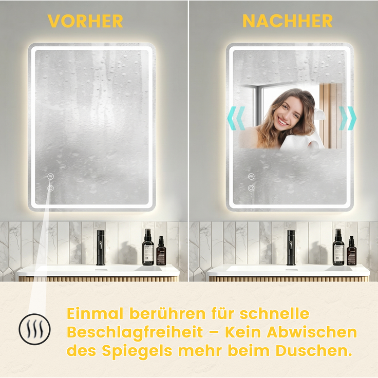 Badezimmerspiegel 60×80×3 cm mit dimmbarer LED-Beleuchtung und Anti-Beschlag-Funktion – Bild 4