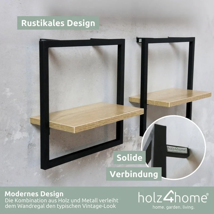 holz4home® Wandregal MDF Sonoma mit Metallrahmen Schwarz I Schweberegal Industrial Flair, inkl. Befestigungen – Bild 2