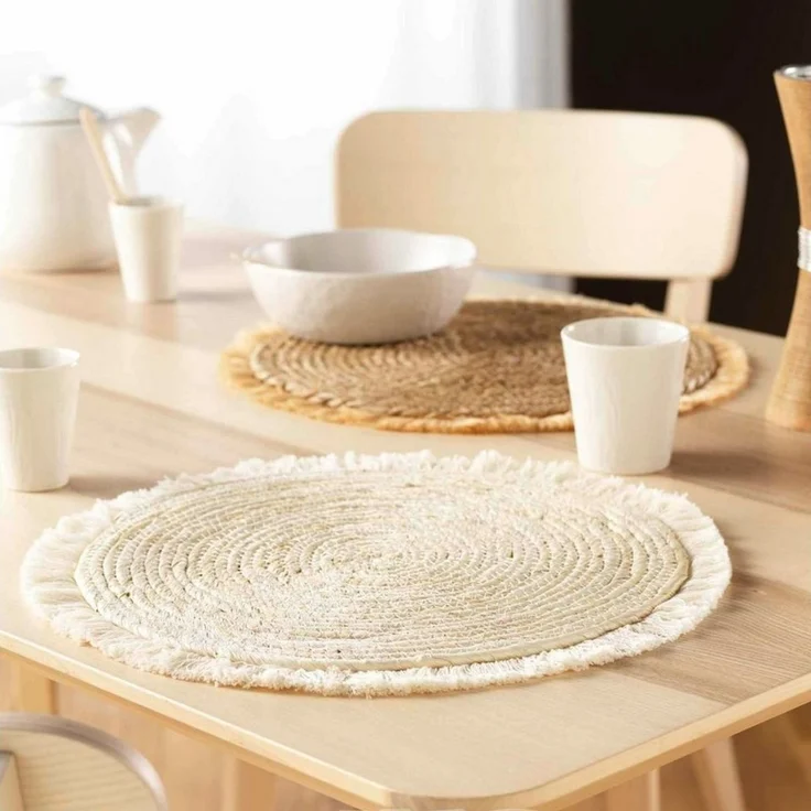 Macosa Home Platzset Platzset 2 STK. Stroh Fransen rund Beige Platzmatten Tischset, (2er Set), mit Fransen 36 cm natur beige braun rund – Bild 3