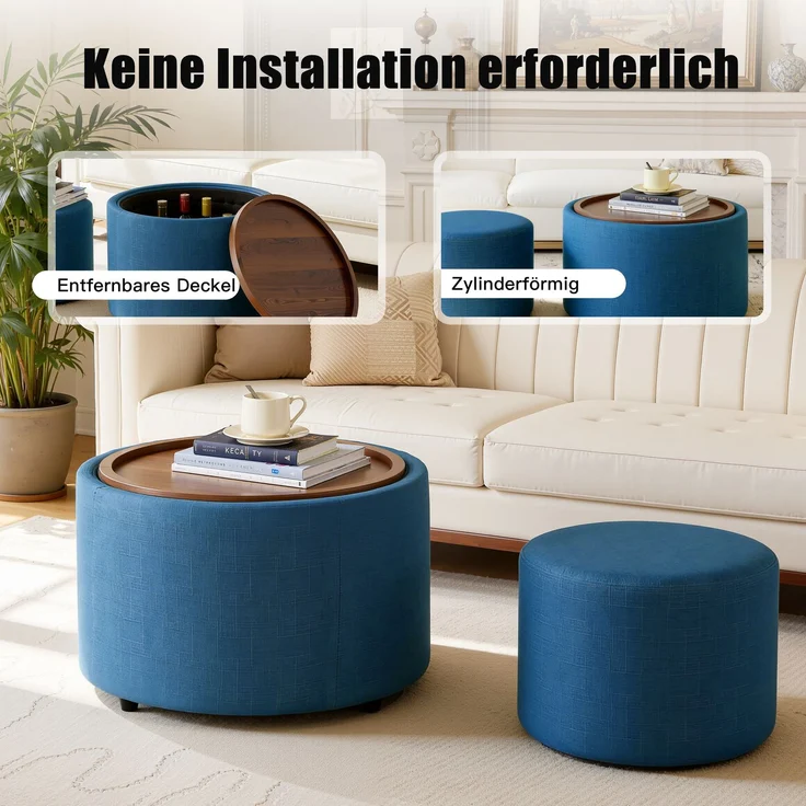 Ball & Cast 2er-Set Nesting-Hocker mit Stauraum, Fußhocker mit Leinenbezug und Holzablage, 58 cm runder Couchtisch & Bank, Blau--Blau--59.6x59.6x38cm--YOUDENOVA – Bild 3
