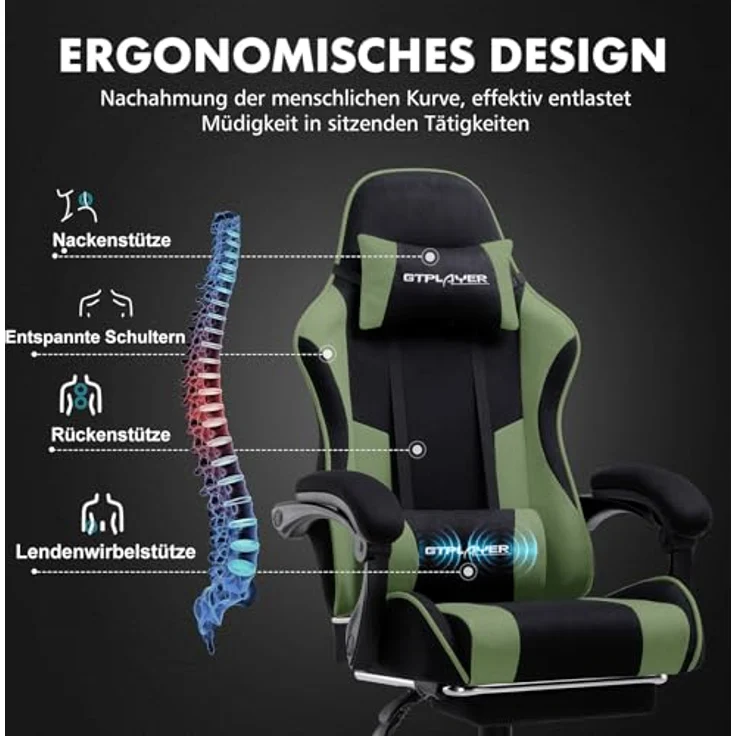 GTPLAYER Gaming Stuhl, Bürostuhl, Ergonomischer Pc Stuhl, Gaming Sessel mit Massagelendenwirbelstütze, Task Stühle mit Fußstütze und Kopfstütze, Grün Stoff – Bild 7