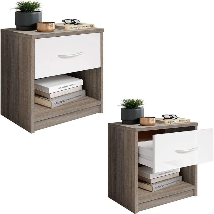 Stella Trading PEPE Nachttisch in Trüffel Optik, Weiß - Schlichter Nachtschrank mit einer Schublade passend zu jedem Bett & Schlafzimmer - 39 x 41 x 28 cm (B/H/T) – Bild 5