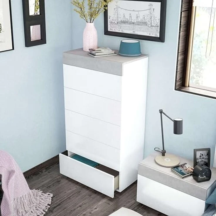 Habitdesign, Kommode mit 5 Schubladen – moderner Sinfonier in Artik weiß & Zementgrau, platzsparender Schubladenschrank für Schlafzimmer oder Büro, Maße: 61 x 118 x 40 cm (B x H x T), Modell Tekkan – Bild 6
