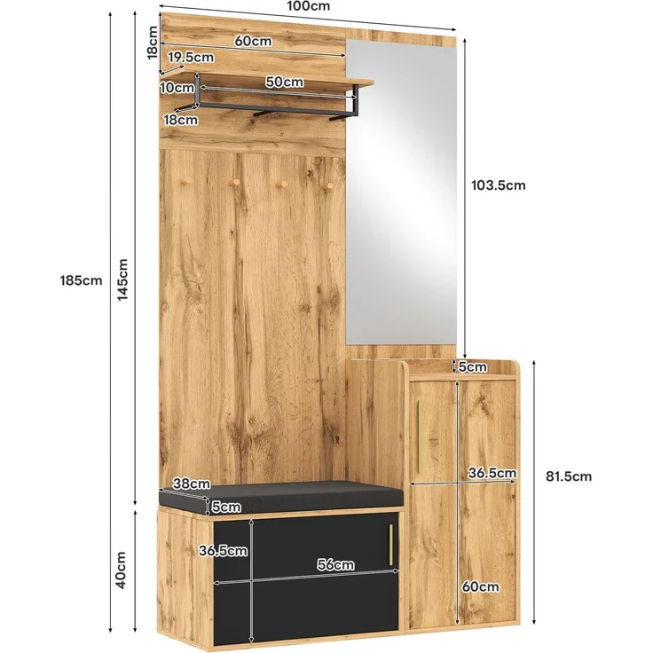 DESVIAE Garderobenschrank mit Spiegel, Sitzbank und Schuhschrank 100x185x38 cm Spanplatte Natur/Schwarz – Bild 10