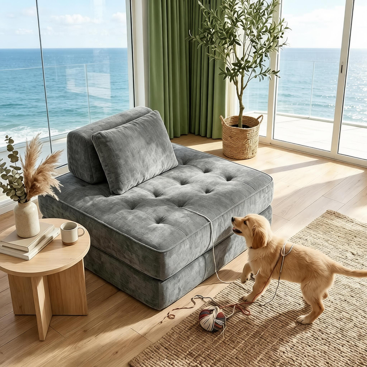 Rayofly-2-in-1 Klappsofa-Bett 1-Sitzer, Chenille-Bezug, dicke Polsterung, mit Tasche und Kissen, H 70cm x T 97cm x B 97cm, Grau – Bild 4