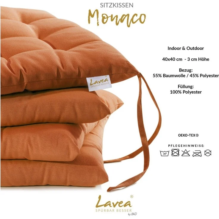 Lavea Stuhlkissen MONACO - weich gepolsterten Sitzkissen Set (4er & 8er), 40x40x3 cm, mit Stoffbändern, Indoor & Outdoor, für Garten & Balkon – Bild 2