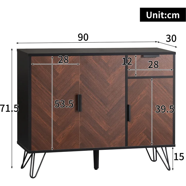 Merax Moderner Aufbewahrungsschrank, Sideboard in Schwarz und Holzoptik mit Schublade und höhenverstellbaren Einlegeböden (90 x 30 x 71,5 cm) – Bild 4