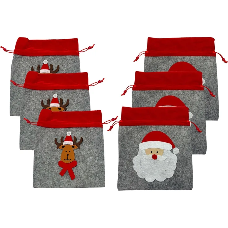Annastore Geschenkbox Weihnachts-Filzbeutel - Geschenkbeutel mit Rentier und Nikolaus (6 St), Geschenkverpackung Wiederverwendbar