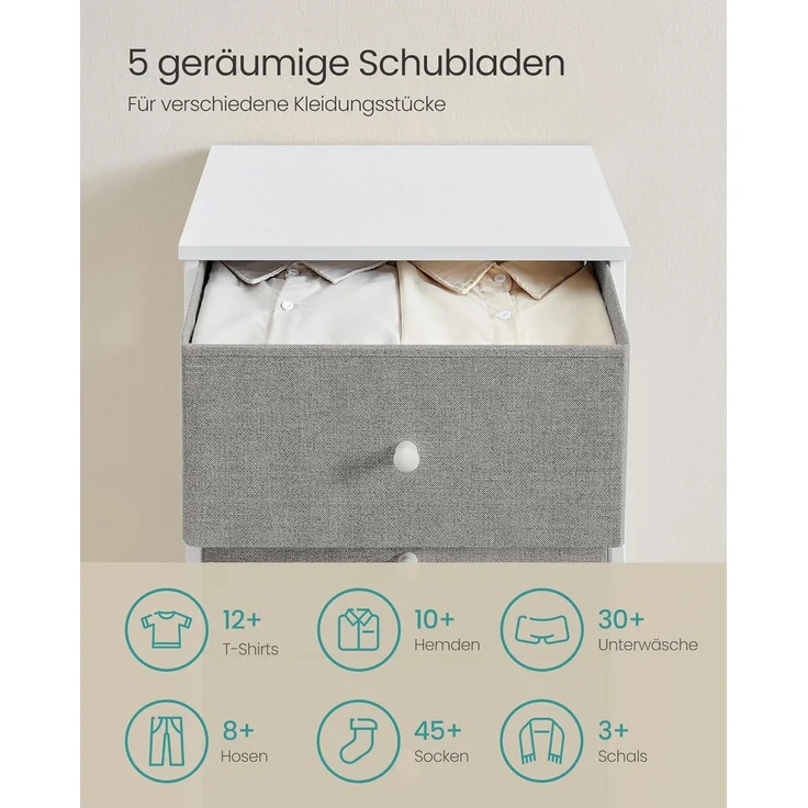 Songmics Kommode, Aufbewahrungsschrank mit 5 Stoff-Schubladen, Metallrahmen, hoch und schmal, taubengrau-cremeweiß LTSDE315G01 – Bild 5