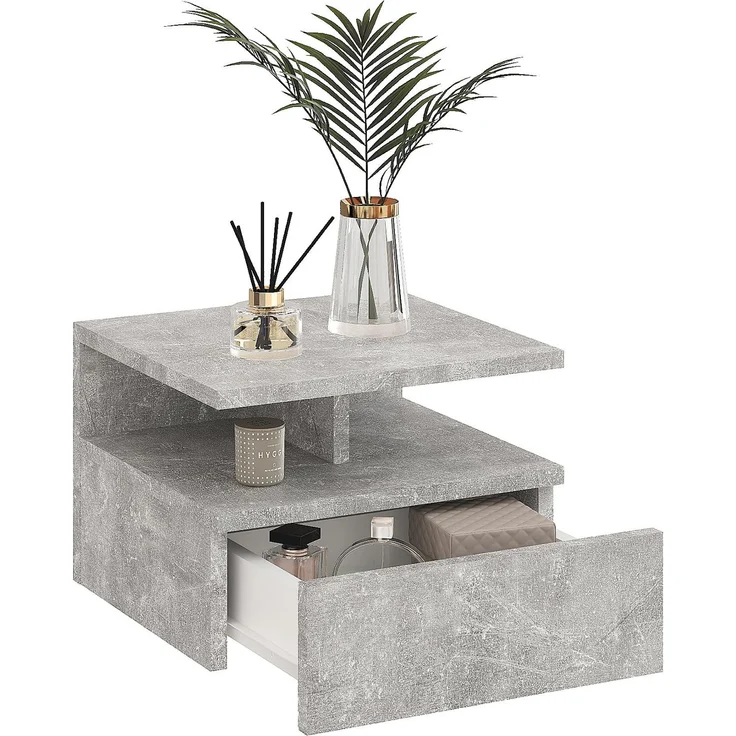 KOMTO Nachttisch Hängend mit Ablage, Wandregal mit Schublade | Nachttisch Beton, Nachtschrank Hängend, 35,4 × 32,2 × 24,6 cm