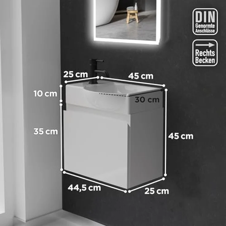 Alpenberger Badmöbel-Set - Gäste WC Waschbecken mit Unterschrank 45 cm Breit, (Badschrank 2-tlg, Waschtisch hängend), Waschbeckenunterschrank mit Softclose - Weiß - Rechts Becken – Bild 7