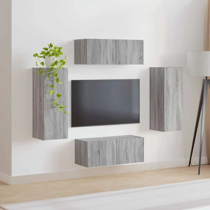vidaXL TV-Wandregal-Set Wandmontiert 4 pcs Graues Sonoma Holzwerkstoff 3408922 – Bild 4
