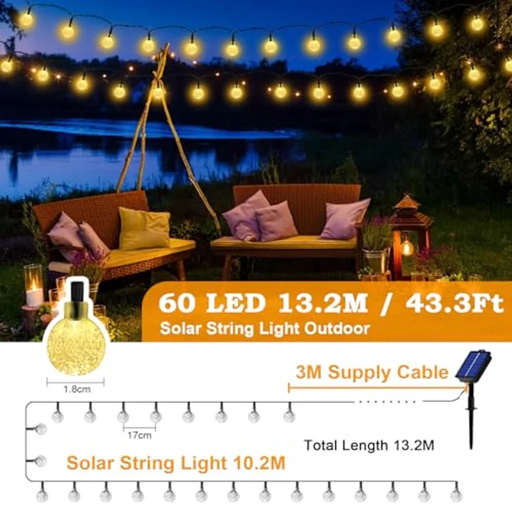 Solar Lichterkette Aussen Wetterfest, 60 LED 13,2M 43,3Ft 8 Modi IP65 Outdoor Lichterkette Solar aussen Wetterfest Lampions für Balkon Terassen Garten Bäume Weihnachtsdekoration Festival(warmweiß) – Bild 3