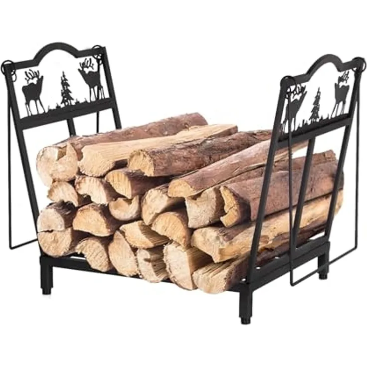 Todeco Faltbarer Kaminholzregal Metall, 38x32x40 cm, Elch-Motiv Brennholzregal, Kamin-Brennholzständer mit praktischem Griff für Innen und Außen