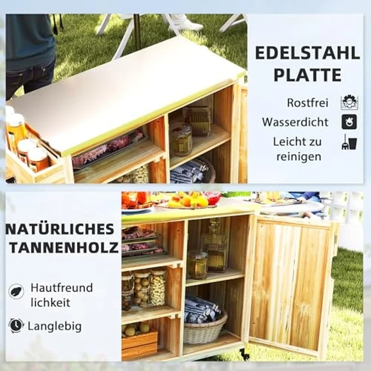 Outsunny Servierwagen 6-Etagen mit Arbeitsfläche Handtuchregal, aus Tannenholz, (BBQ Grilltisch, 1 St, Grillwagen), für Garten, Terrasse 134,5x50x91,5cm Naturholz – Bild 3