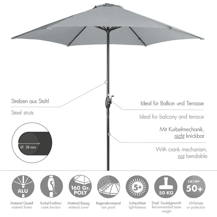 Derby by Doppler Sonnenschirm / Kurbelschirm "Basic Lift neo 300", grau, Ø 300 cm – Bild 2