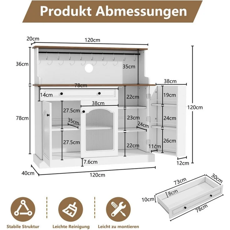 HOLTICO Sideboard Küchenschrank mit Arbeitsplatte, Küchenbuffet Buffetschrank (1 St), Weinschrank mit Schublade und Oberer Ablage – Bild 2