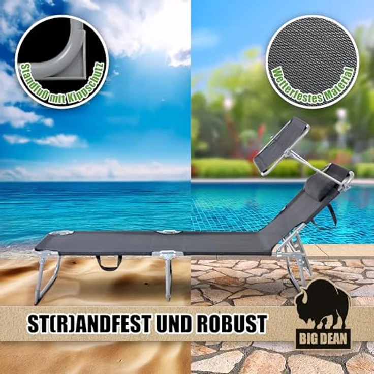 BigDean Sonnenliege klappbar mit Kopfkissen & Dach extra hoch dunkelgrau 150 kg belastbar - hochwertige Gartenliege für Balkon, Garten & Strand – Bild 6