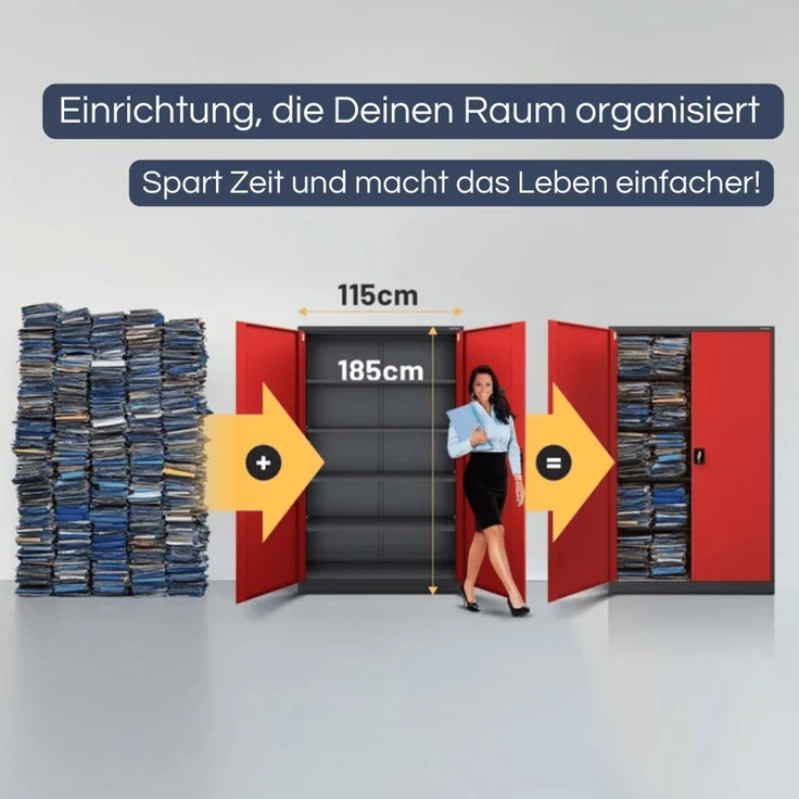 Aktenschrank abschließbar KADO - 5 Ebenen verstellbar, Flügeltüren | Metallschrank Werkstatt Mehrzweckschrank Büroschrank aus Stahl Werkzeugschrank, 185x115x40cm Anthrazit-Rot – Bild 3