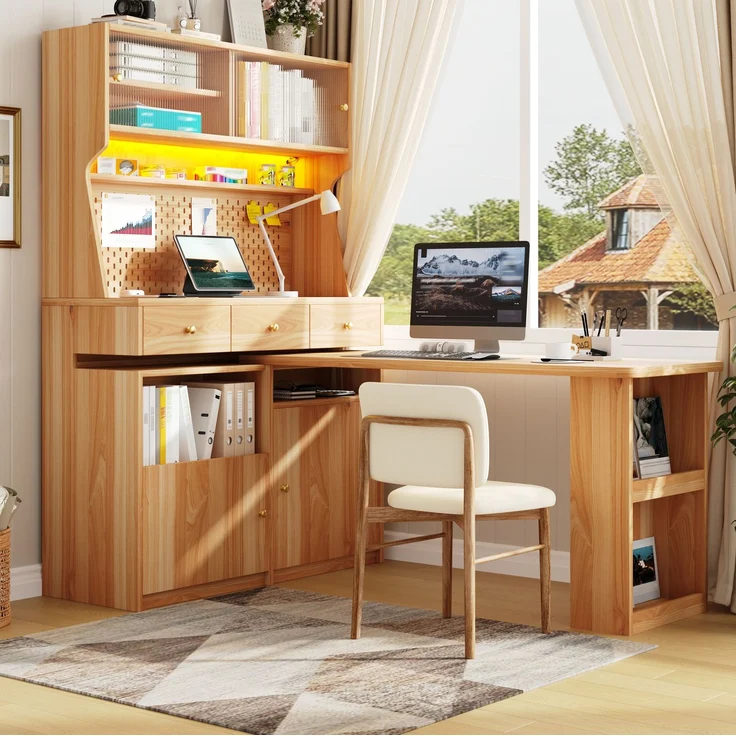 Hochschrank 137x74x177,7 cm mit Schreibtisch, LED und Glastüren – Bild 2