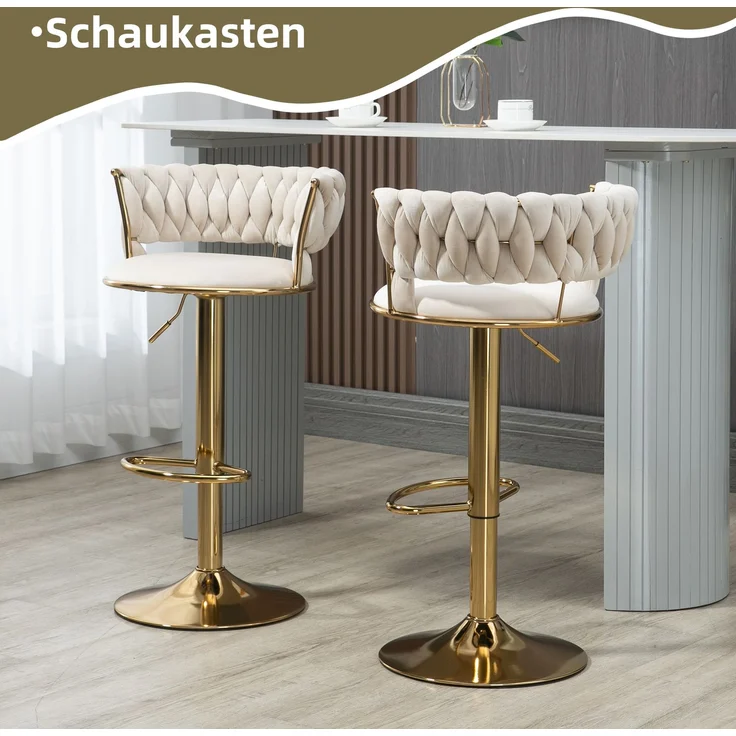 old sku:W1880109463,Samt 360° drehbarer Barhocker 2-teiliges Set, Handgefertigte Rückenlehne Ein-Knopf verstellbarer Höhe Barhocker, Sehr weicher gepolsterter Küche Esszimmerstuhl, Kücheninsel--Elfenbein--54x46x78cm--YOUDENOVA – Bild 2