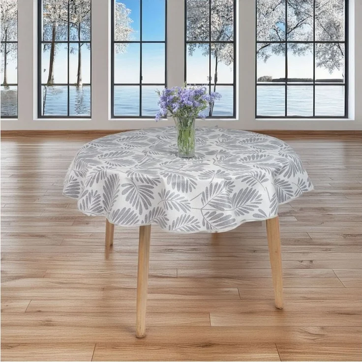 laro Tischdecke 140cm runde Tischdecke mit Saum-Eingefasst Blattgeflüster Grau Weiß – Bild 3