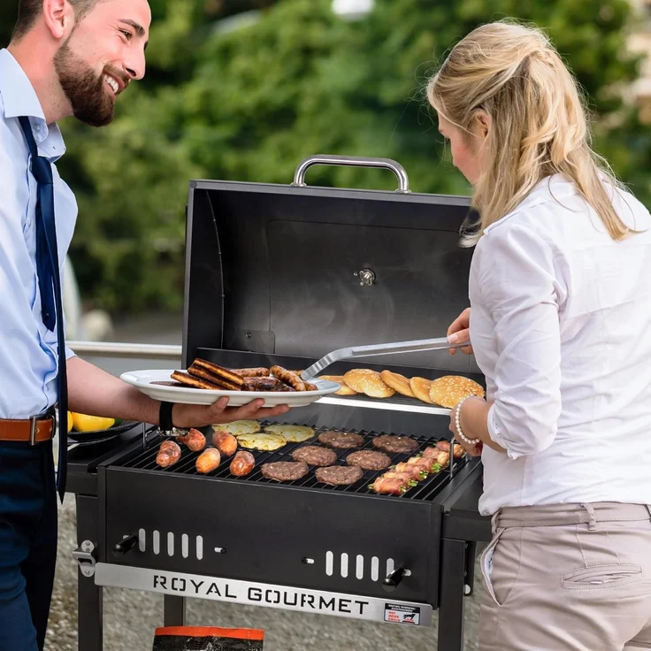 Royal Gourmet Holzkohlegrill Grillwagen mit klappbaren Seitenablagen, Smoker Standgrill mit Decekl, Thermometer, Kohlegrill Schwarz – Bild 2