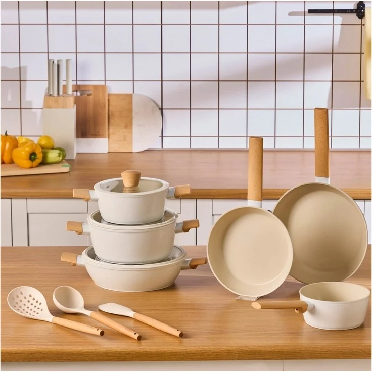 Karaca Topf-Set Swiss Crystal Almond Cream 12-teiliges Kochgeschirr Kochtopf Set, Bratpfanne Kochgeschirr Bratentopf Fleischtopf Stieltopf Pfanne – Bild 5