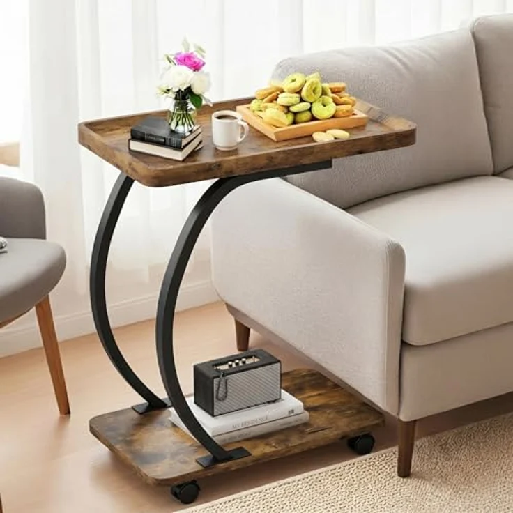 LITTLE TREE Beistelltisch mit Rollen, C-Form Beistelltische, Schmaler Sofatisch für kleines Wohnzimmer, 52 x 34 x 60 cm, Seiten"Tisch für Laptop, Kaffee und Snacks, Braun – Bild 1