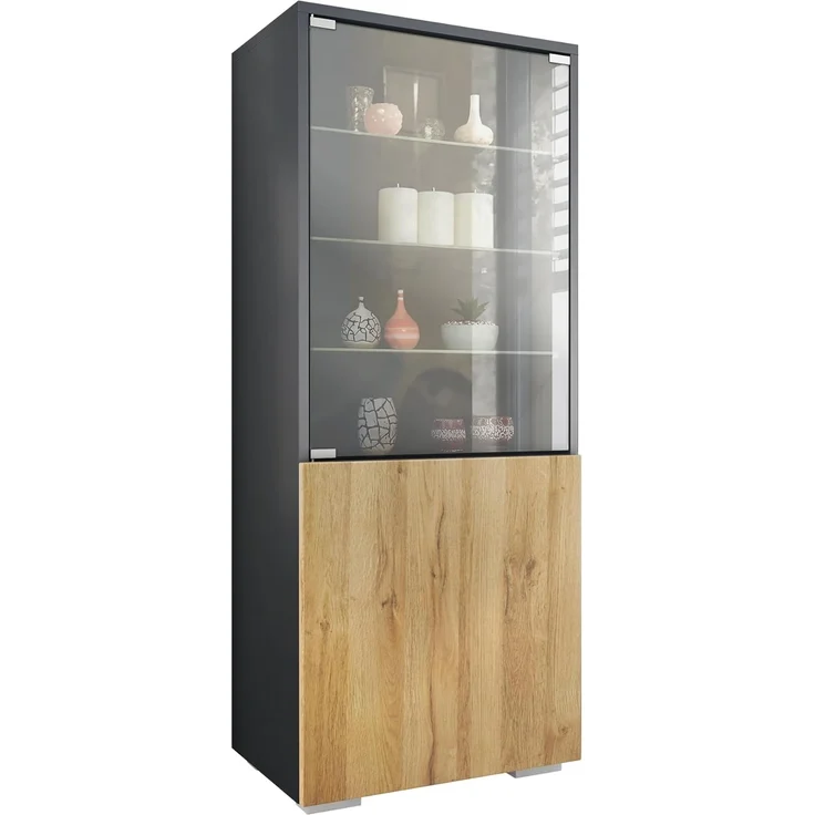 Vladon Standvitrine Granada (Vitrinenschrank, mit Glastür und Glaseinsatz) Anthrazit matt/Eiche Natur (50 x 122,5 x 34,5 cm) – Bild 1