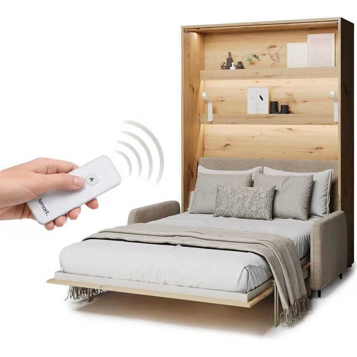 MEBLINI Elektrisches Schrankbett BC-36 - 140x200cm Vertikal - Artisan Eiche - Sofa und Kopfteil Beige ohne Matratze - Wandbett mit Lattenrost, Sofa und Kopfteil - Wandklappbett – Bild 1