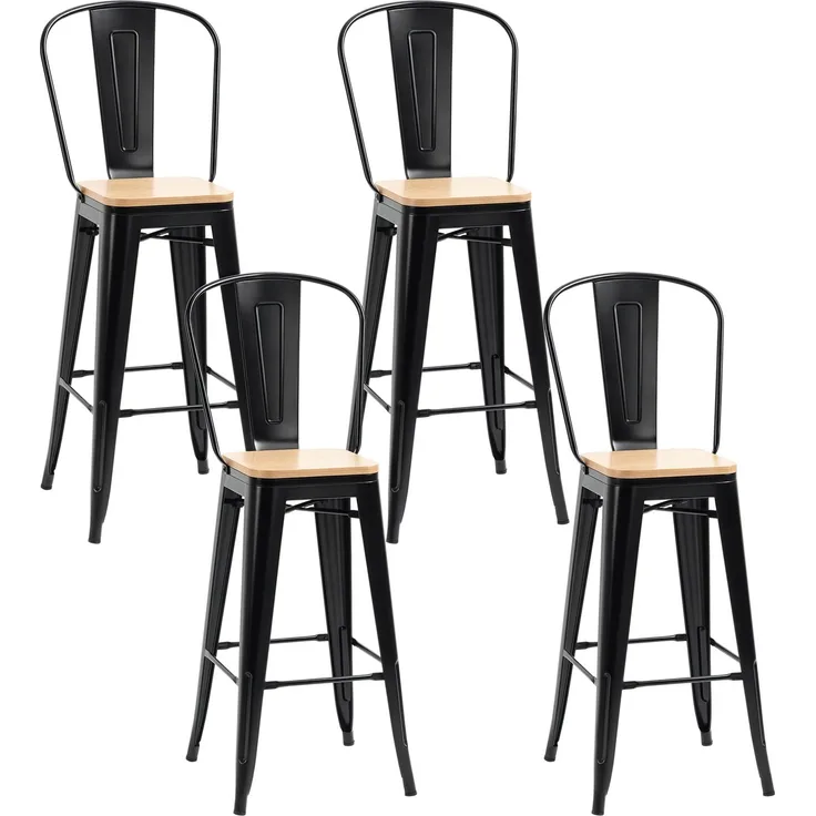 4er-Set Barhocker im Industriestil mit Rückenlehne und Fußstütze, Sitzhöhe 76 cm, schwarzes Metall, mehrschichtige Platten in heller Holzoptik
