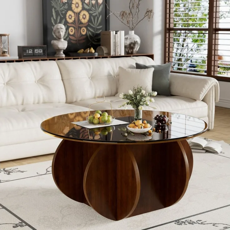 PEALOV Couchtisch mit Glasplatte und Holzgestell, Ø 70 × 40 cm, moderner Wohnzimmertisch (1-St), Moderner runder Beistelltisch aus gehärtetem Glas und Holz