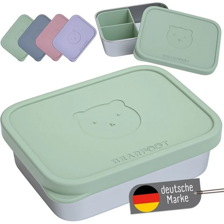 BEARFOOT Lunchbox Brotdose Kinder Edelstahl mit Silikoneinsatz - Salbei, Kindergarten und Schule - Mädchen und Jungen, Vesperbox, Snackbox – Bild 4