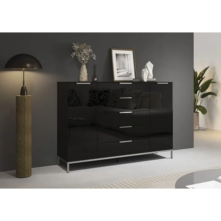 Rauch Möbel Flipp, Nachttisch für Schlafzimmer, Flur, Garderobe, 2-türig, 5 Schubladen, mit Softclose-Funktion, Farbe Front Glas Schwarz, Breite 160 cm – Bild 2