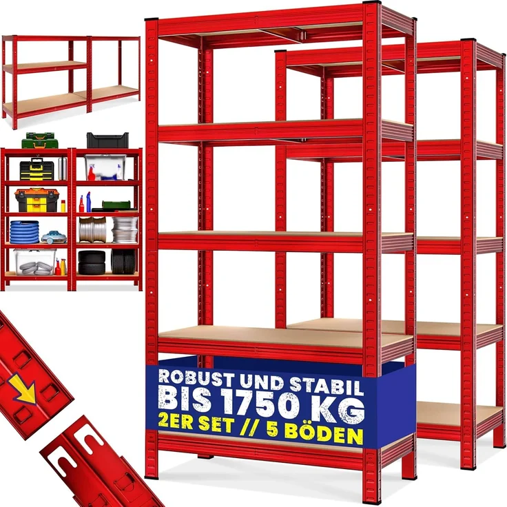 Monzana® 2X Schwerlastregal 180 x 90 x 40 cm rot 1750kg 10 MDF-Platten Montagematerial Kellerregal Lagerregal Steckregal Metallregal Werkstattregal