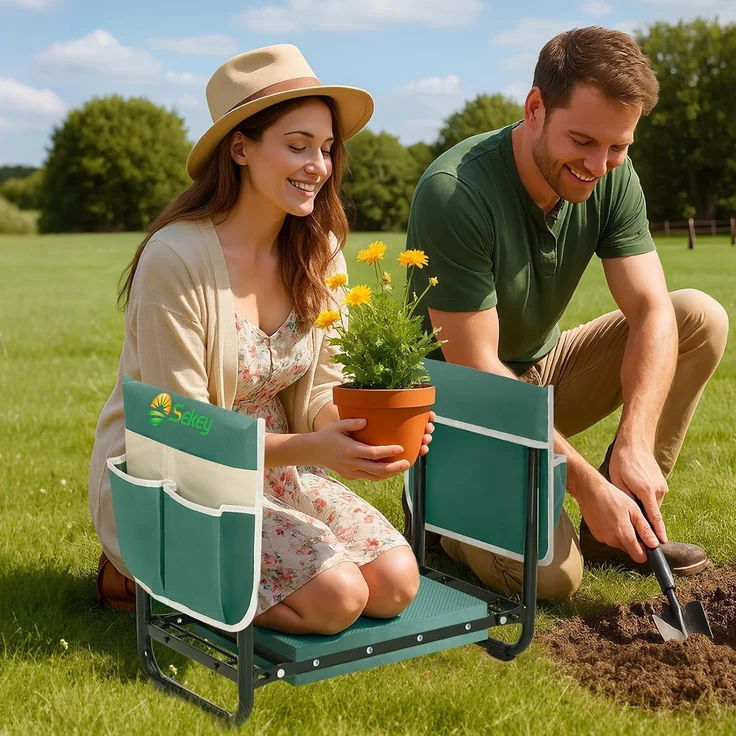 Sekey Höhenverstellbare Kniebank für Gartenarbeit Belastbarkeit 180KG, Gartenhocker Klappbar mit Werkzeugtaschen, Knie Komfort Garten, Grün – Bild 2