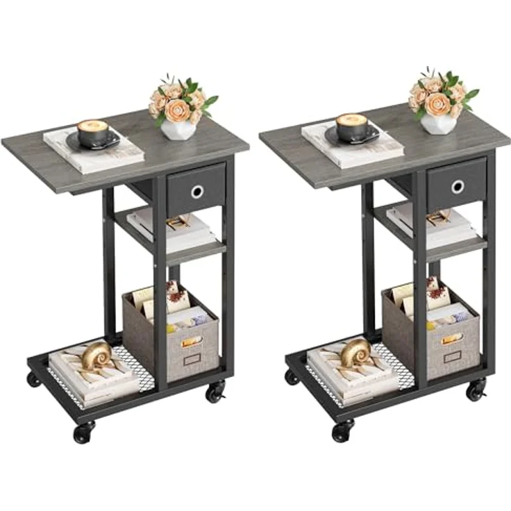 YITAHOME 2PCS Beistelltisch, C-Form Sofatisch mit Rollen und Schublade，Wohnzimmertisch für Kaffee und Laptop，für Wohnzimmer, Schlafzimmer，50 x 30 x 67 cm, Grau – Bild 2