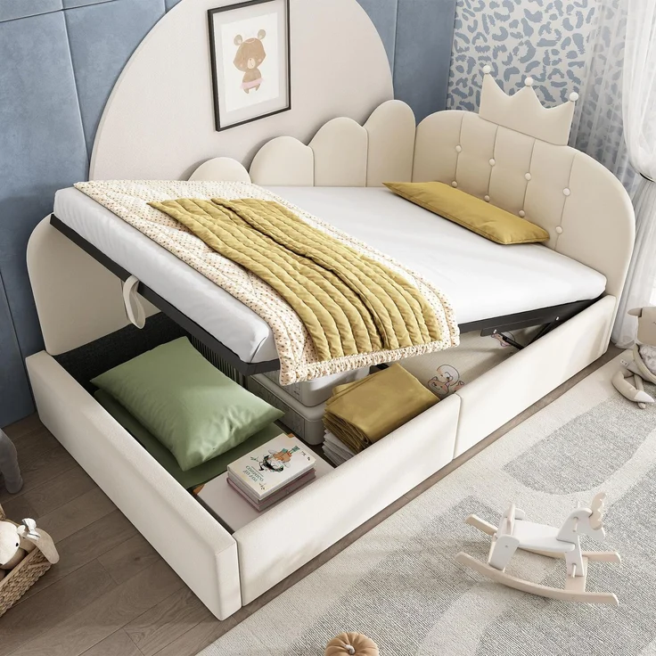 FAVSH Sofabett/Einzelbett 90x190 cm, L-Form, Samt, Krone Gitter Design, Niedliches Kronen, Schlafsofa mit Stauraum (hydraulisch), Kinderbett Jugendbett Erwachsenenbett, ohne Matratze, (Beige)