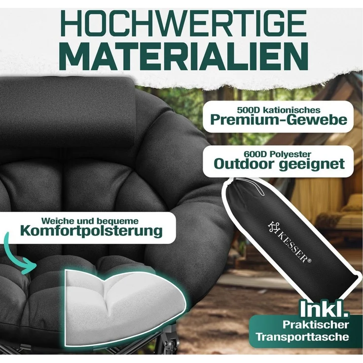 KESSER Campingstuhl Chillexer faltbar 150 kg Klappstuhl mit Kissen, Seitentasche & Cover, Relaxstuhl Outdoor + Indoor für Camping, Angeln, Festival, Strand, 110 × 110 × 110 cm – Bild 3