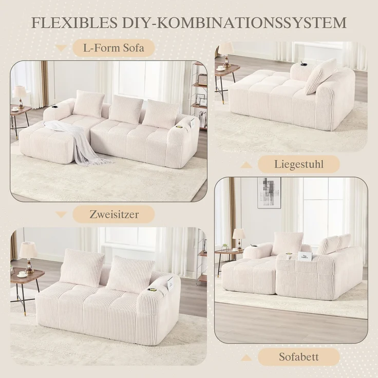 LVHOM Ecksofa 3 sitzer, Bodensofa mit Seitentaschen und Getränkehalter, Polstersofa aus Cordstoff, frei Kombination, Modulares Chaiselongue-Sofa-Set, 253x158x61 cm – Bild 3