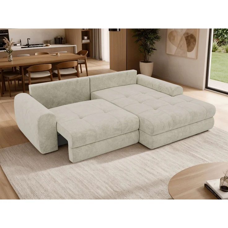 Sofa L-Form ARELIA L mit Schlaffunktion, Wohnzimmer Sofa, Wellenfederung, Sofa mit DL-System - Schenille grob gewebt Creme - Links – Bild 6