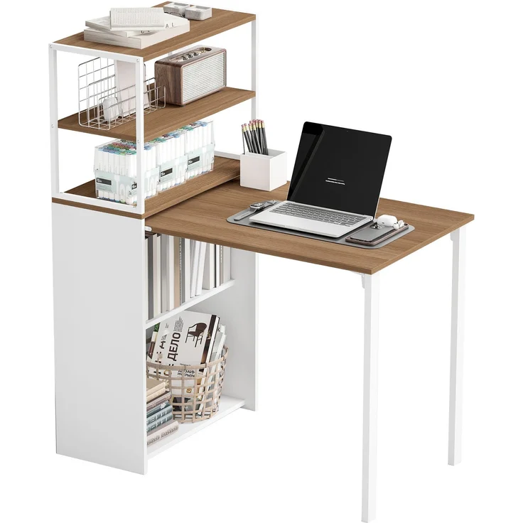 MELAYR, Schreibtisch Klappbar Küchentisch mit 4 Regal Computertisch Arbeitstisch Laptoptisch 105 x 60 x 127 cm Naturholz – Bild 2