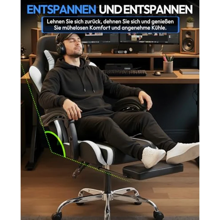 Dowinx Gaming Stuhl Bürostuhl Massage Gaming Sessel mit höhenverstellbaren Linkage-Armlehnen, ergonomischer Gamer Stuhl mit Fußstütze, gepolstert Gaming Chair 150° neigbar bis 180 kg, Weiß – Bild 8
